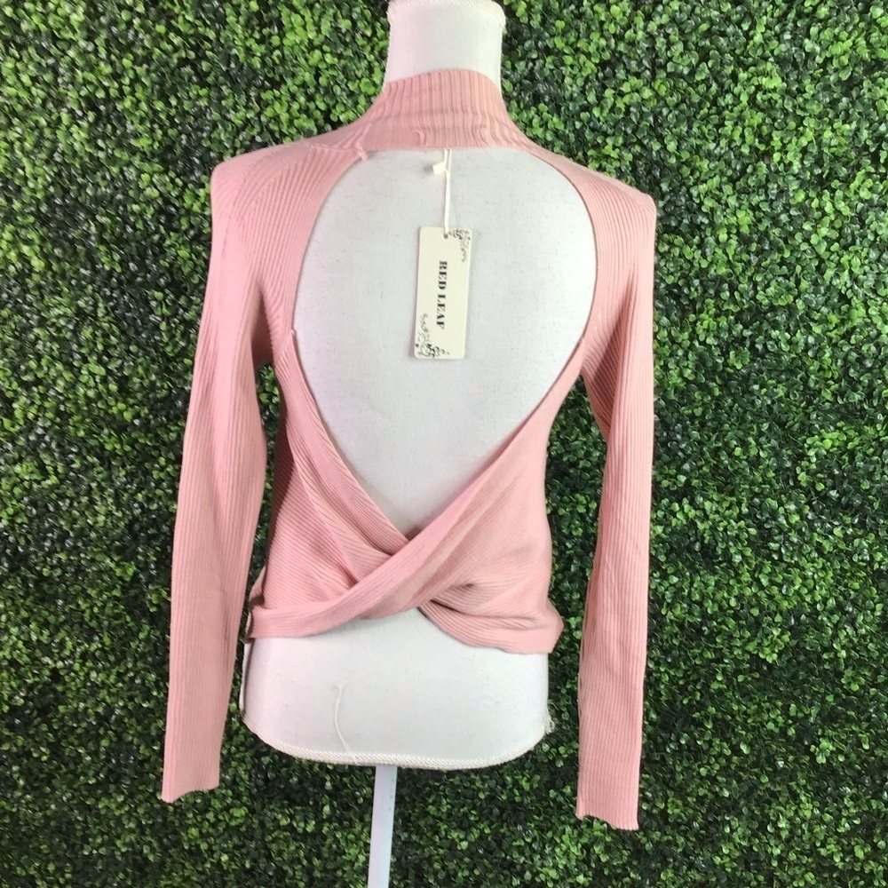 Open back mock neck ribbed long sleeve